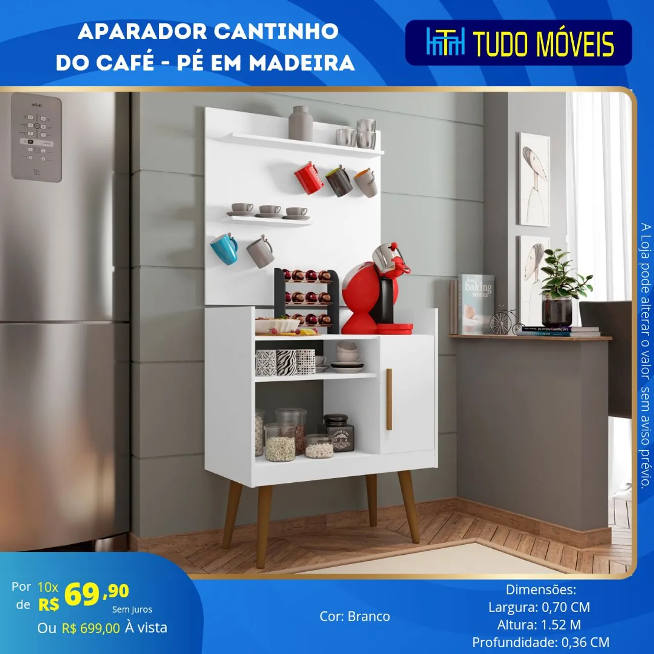 APARADOR CANTINHO DO CAFÉ - COM PÉS EM MADEIRA MACIÇA