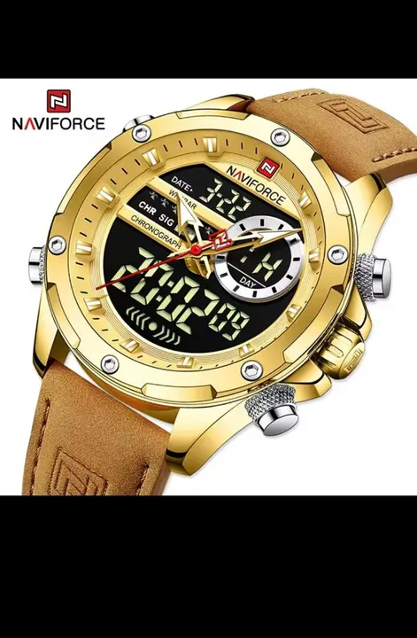 Relógio Naviforce Dourado com Pulseira de couro marrom.