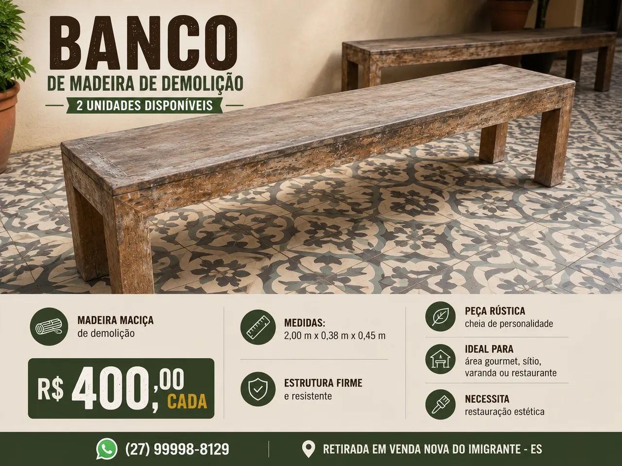 Bancos 2 metros Madeira de demolição 