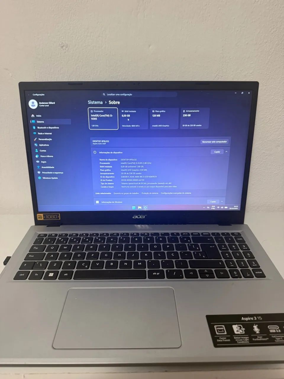 Notebook i3 acer aspire