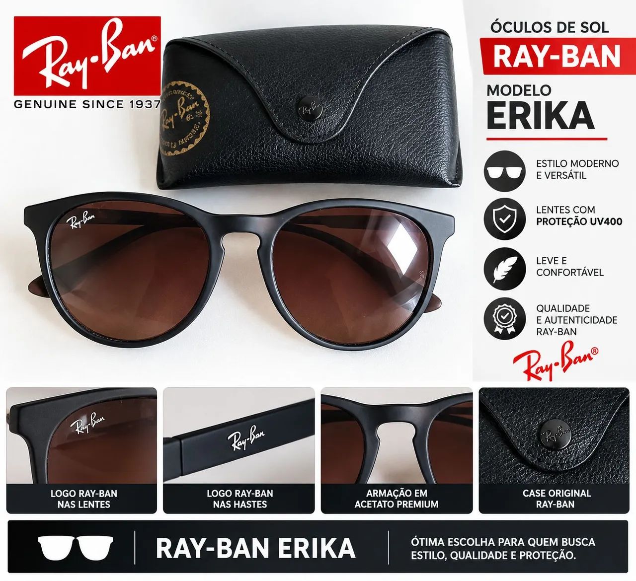 Ray-Ban Erika, modelo clássico e super estiloso, com armação preta e lentes marrons.