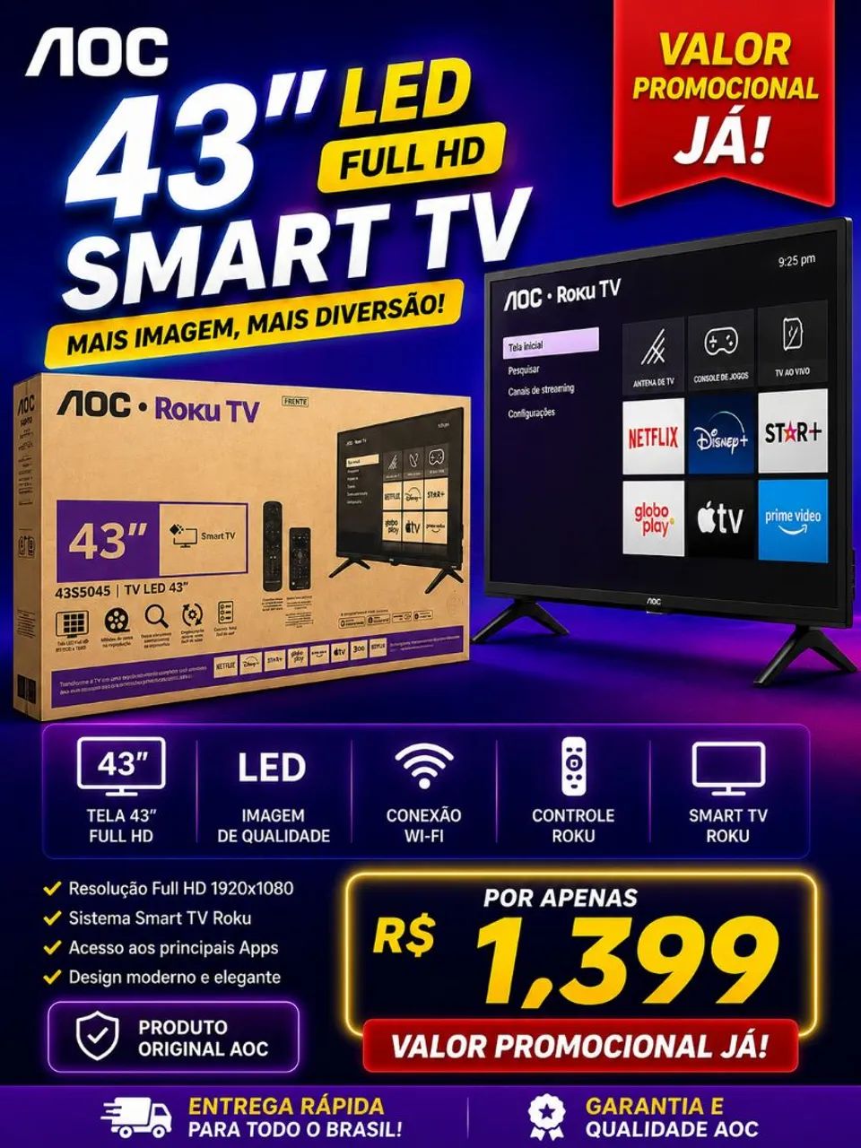 TV AOC 43 Polegadas SO HOJE 1,299
