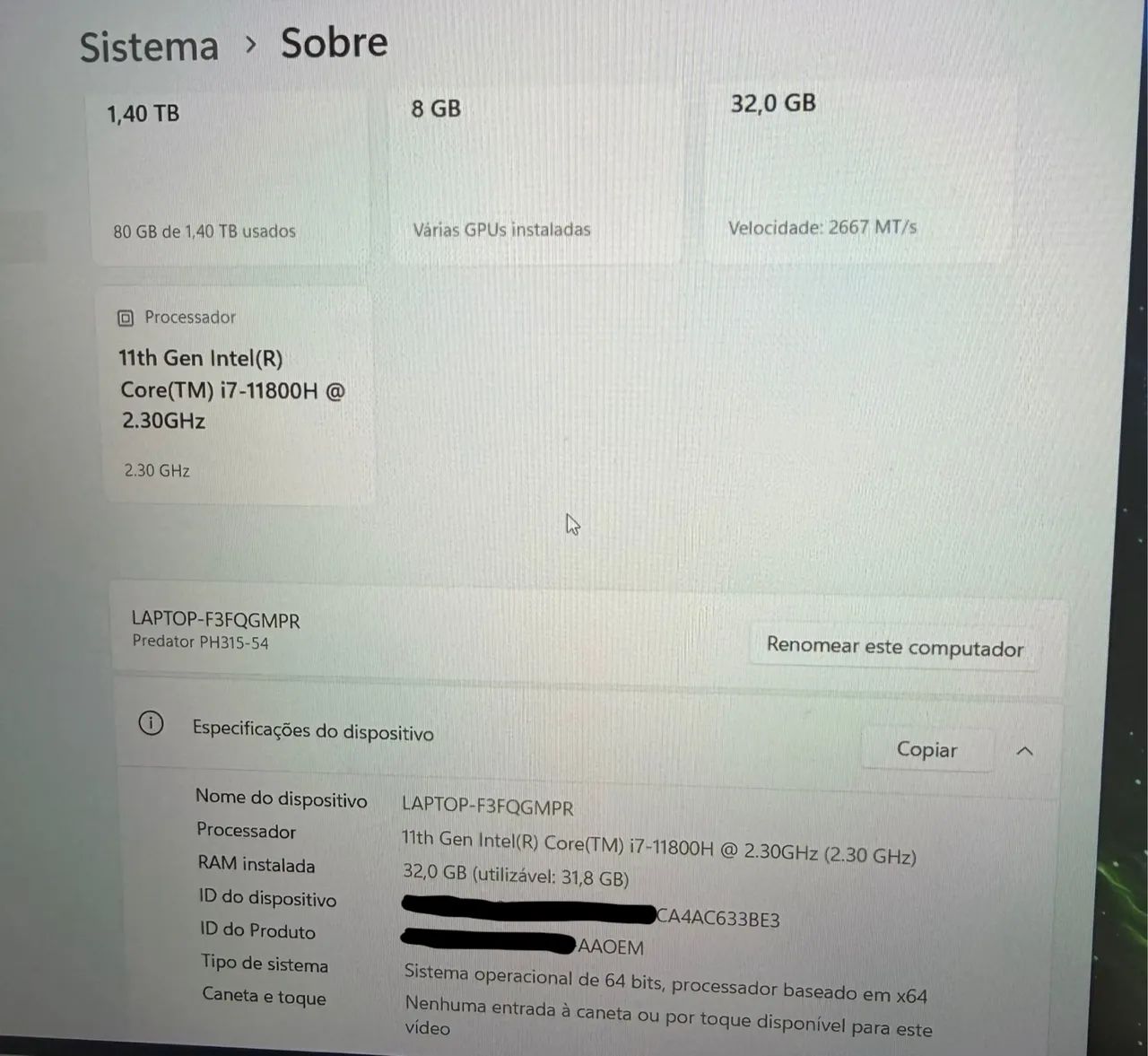 Notebook Predator Ph315-54 i7 11th 32gb 1.4tb Rtx 3070 15,6 - Foto 4