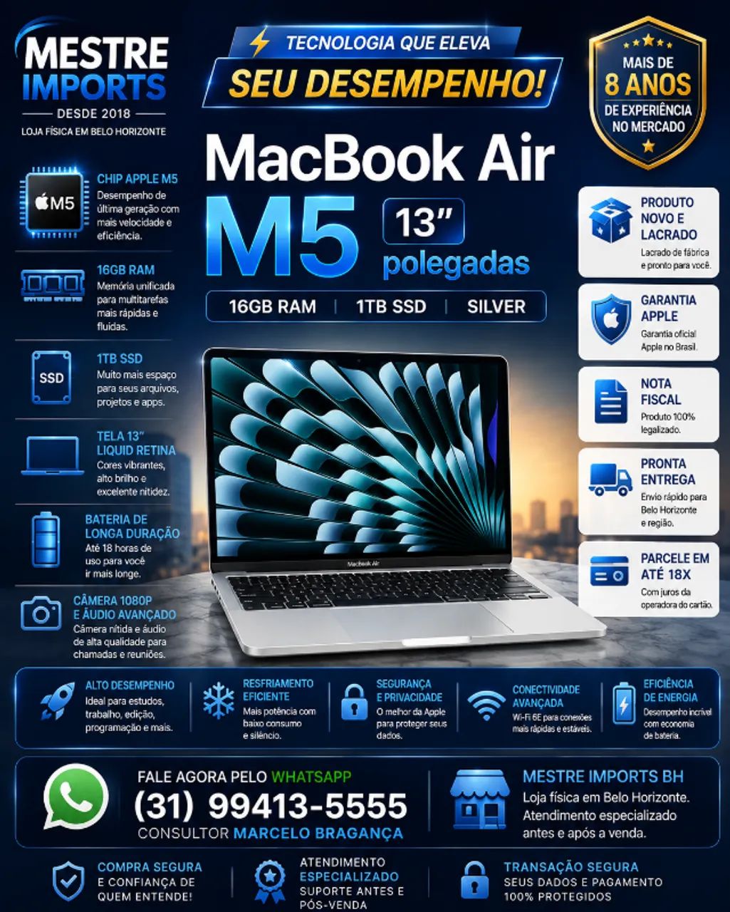 MacBook Air M5 13 polegadas 16GB RAM 1TB SSD Silver Novo Lacrado Nota Fiscal
