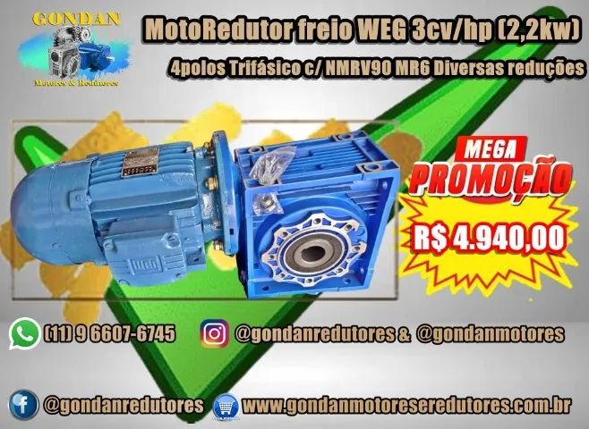 MotoRedutor com Freio WEG 3cv/hp 2.2kw  4polos 1740rpm Trifásico 220/380v com Redutor NMRV - Foto 6