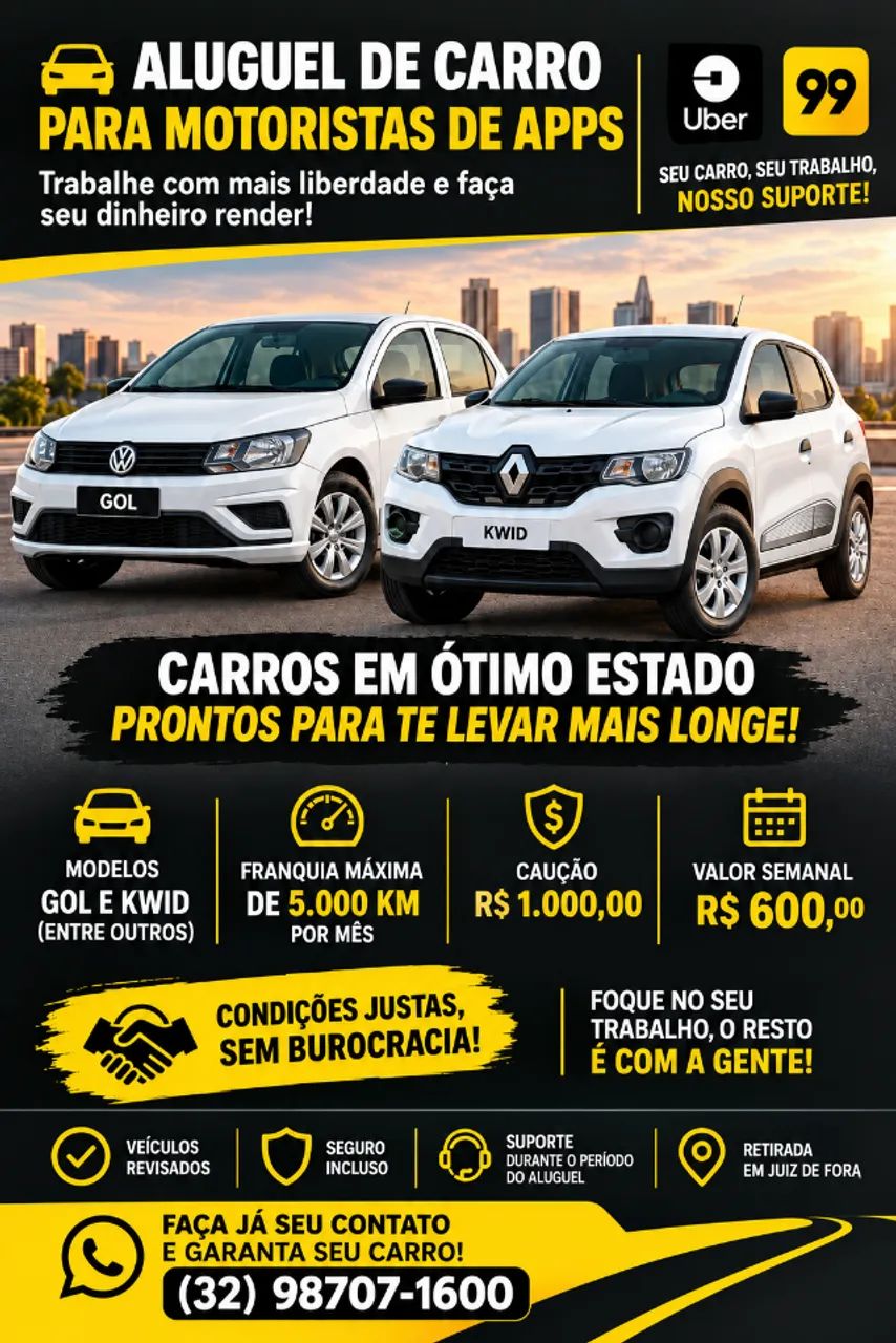 Aluguel de carros para aplicativos (UBER, 99)