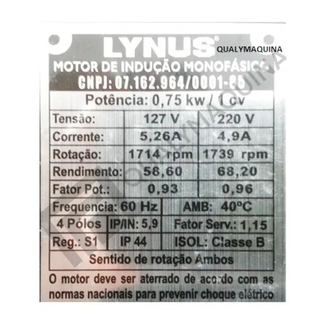 Motor Elétrico Monofásico Lynus 1cv 4 Polos Baixa Rotação Blindado 1714 rpm - Foto 2