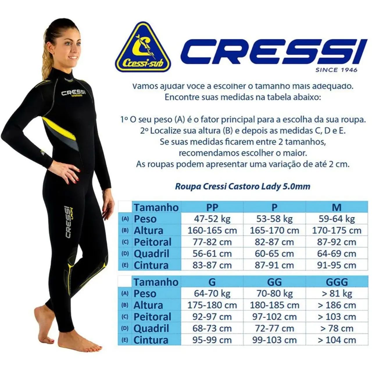 Neoprene Wetsuit de Mergulho Cressi Castoro Lady 5.0mm - Tamanho G/L - Foto 2