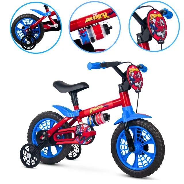 Bicicleta Infantil Homem Aranha Aro 12 Com Rodinhas e Garrafinha Nathor Crianças (Azul e