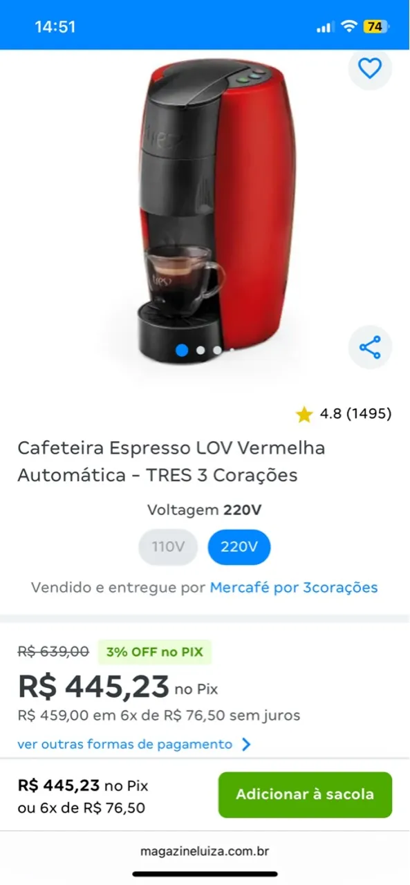 Cafeteira Espresso LOV Vermelha Automática - TRES 3 Corações