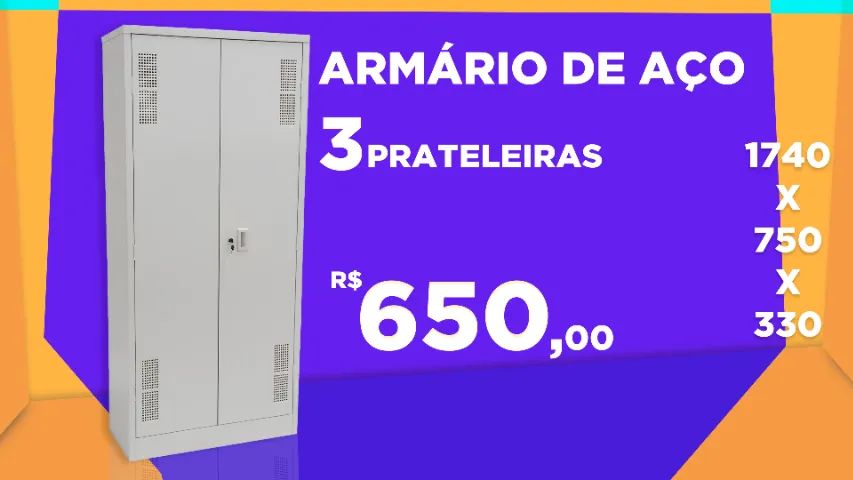 Armário de Aço com 3 Prateleiras - Da Fábrica - 1740 x 750 x 330 - Sistema com Chave