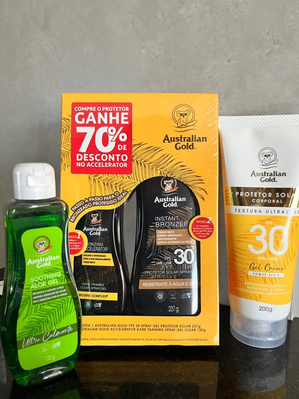 Kit Bronzeador Australian Gold: Protetor FPS30 + Gel Aloe + Acelerador