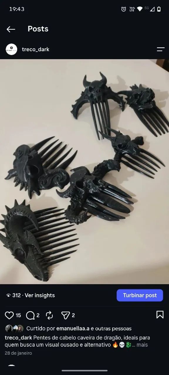 Pente de cabelo modelo caveira/gótico 