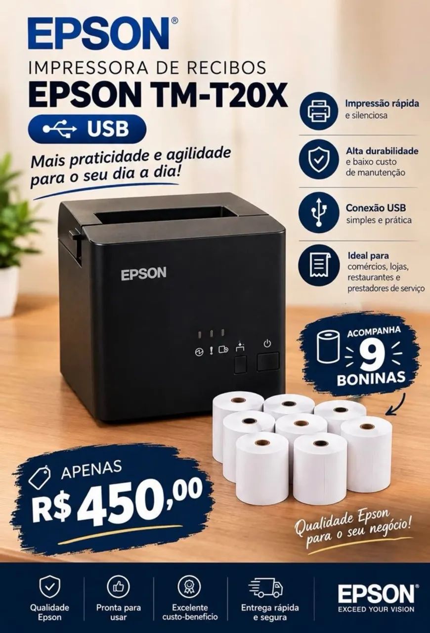 IMPRESSORA DE RECIBOS EPSON TM-T20X - USB ACOMPANHA 9 BUBINAS
