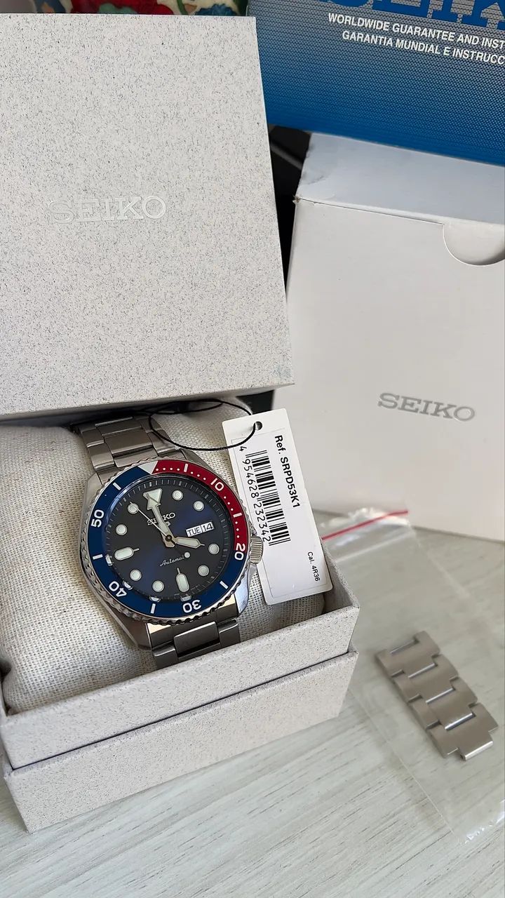 Relógio Seiko 5 Sports Pepsi SRPD53 Automático - Full Set (Com Caixa e Tag)