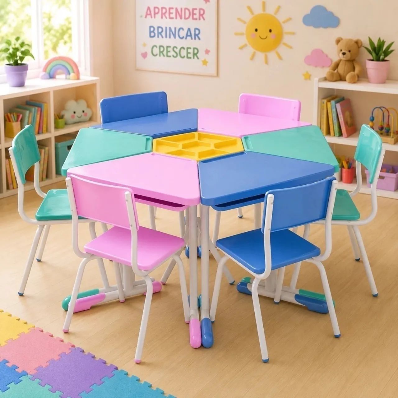 MESA COM 6 LUGARES PARA ESCOLA 