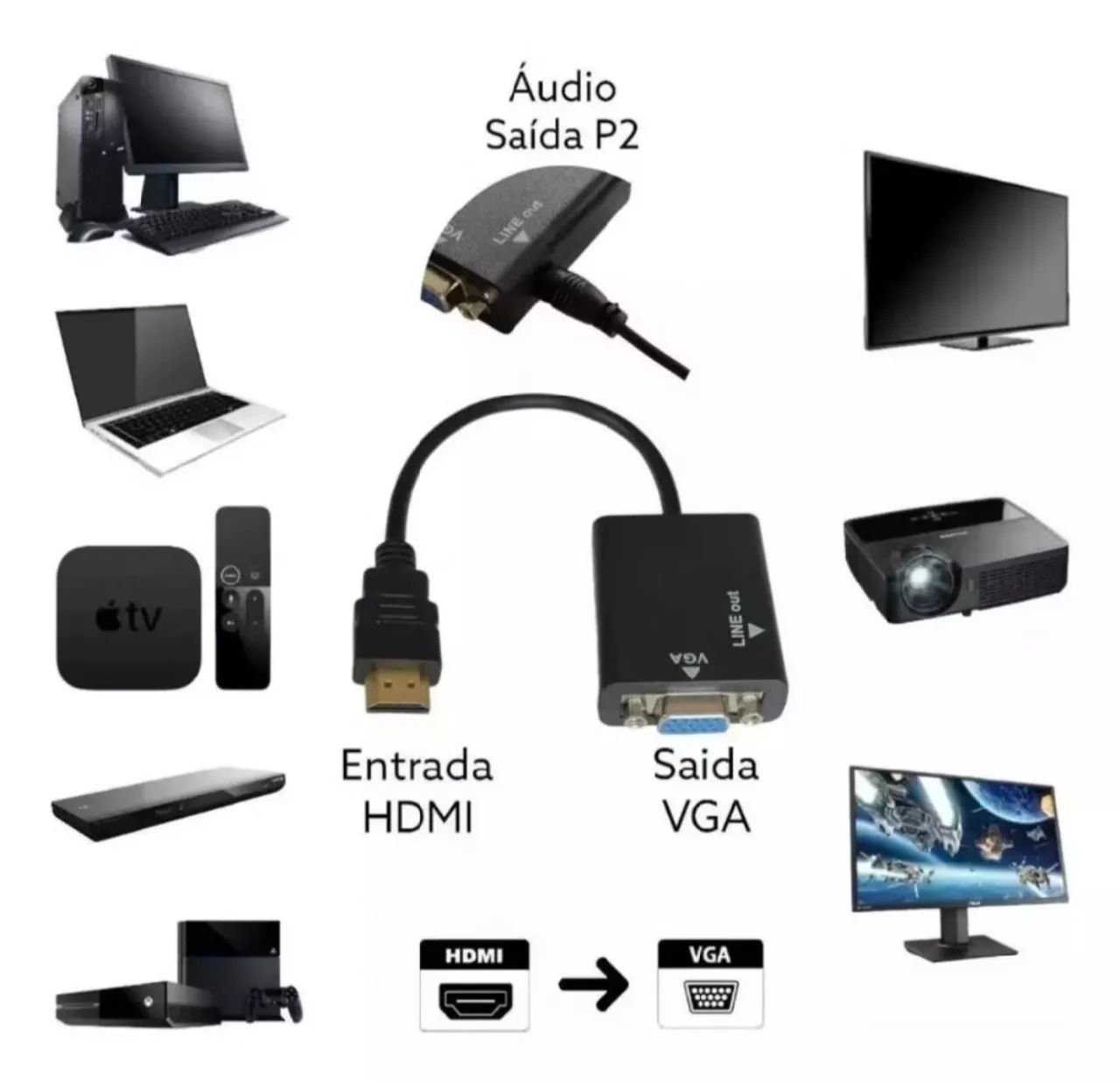 Cabo Adaptador Conversor Hdmi Para Vga Com Saída P2 Áudio - Foto 4