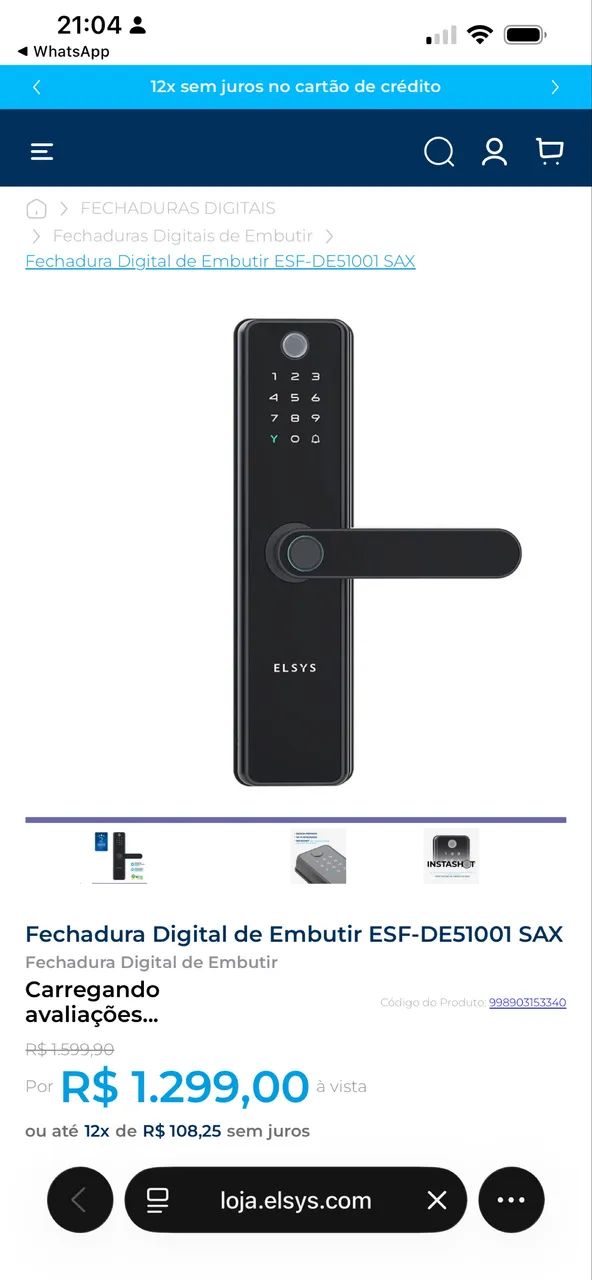 Fechadura digital de embutir Elsys NOVA