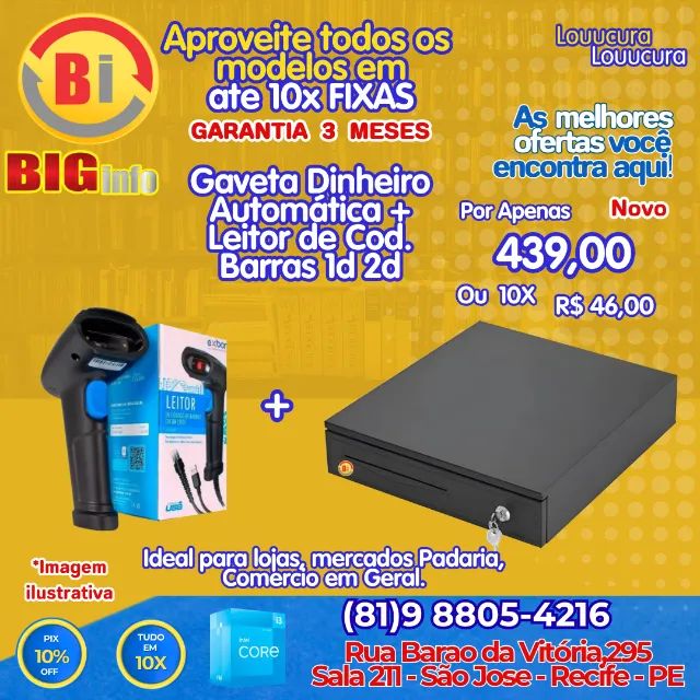 Gaveta De Dinheiro Caixa  Automática + Leitor de Cod Barras 1D 2D Qr Code - Em ate 10x 