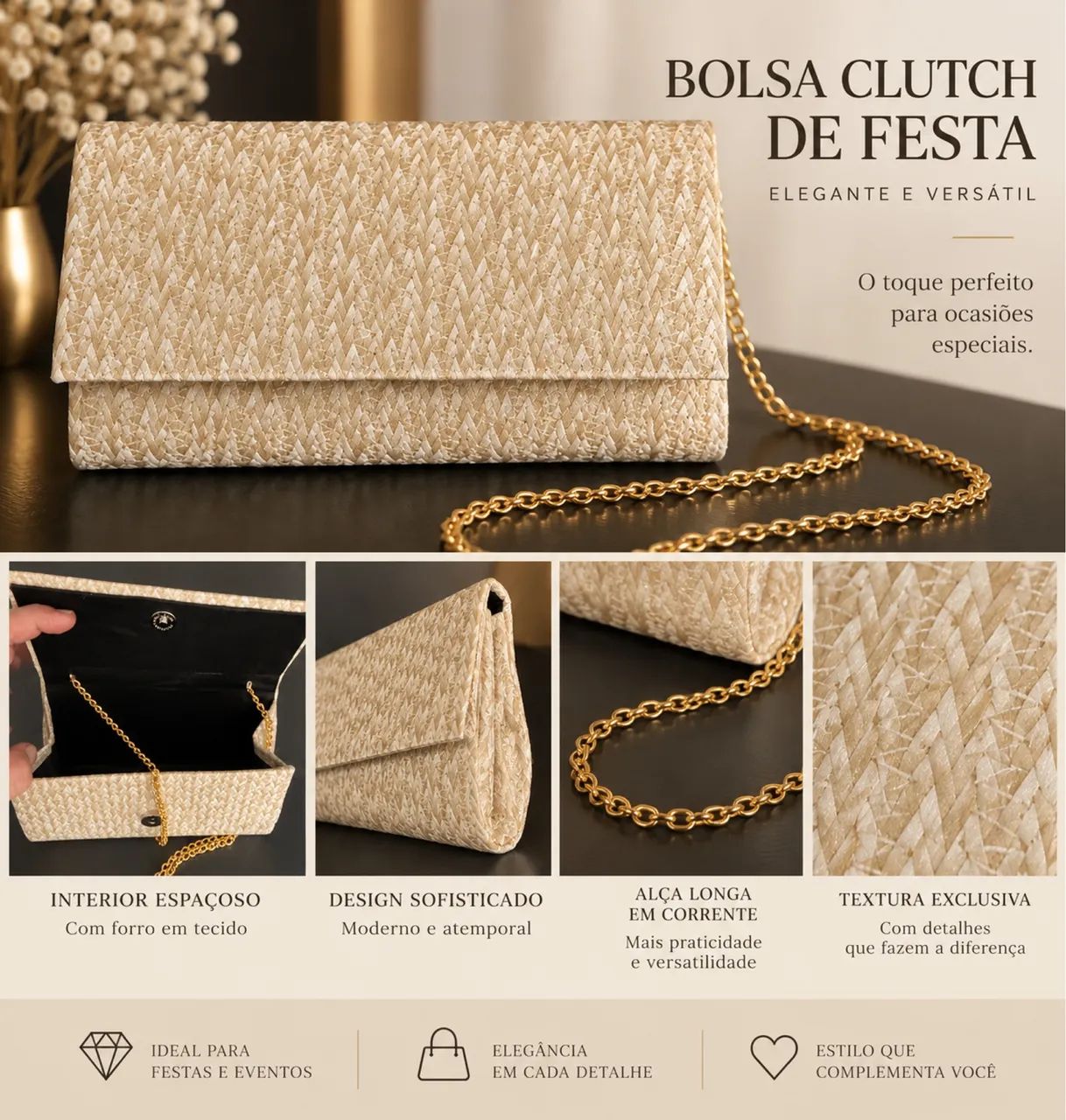 Bolsa de festa tipo clutche com relevo e alça  - Foto 4