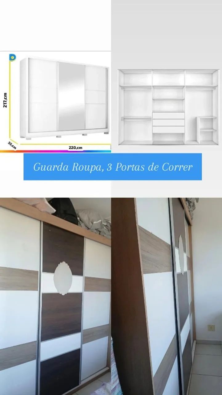 Guarda Roupa de Casal com 3 Portas de Correr 