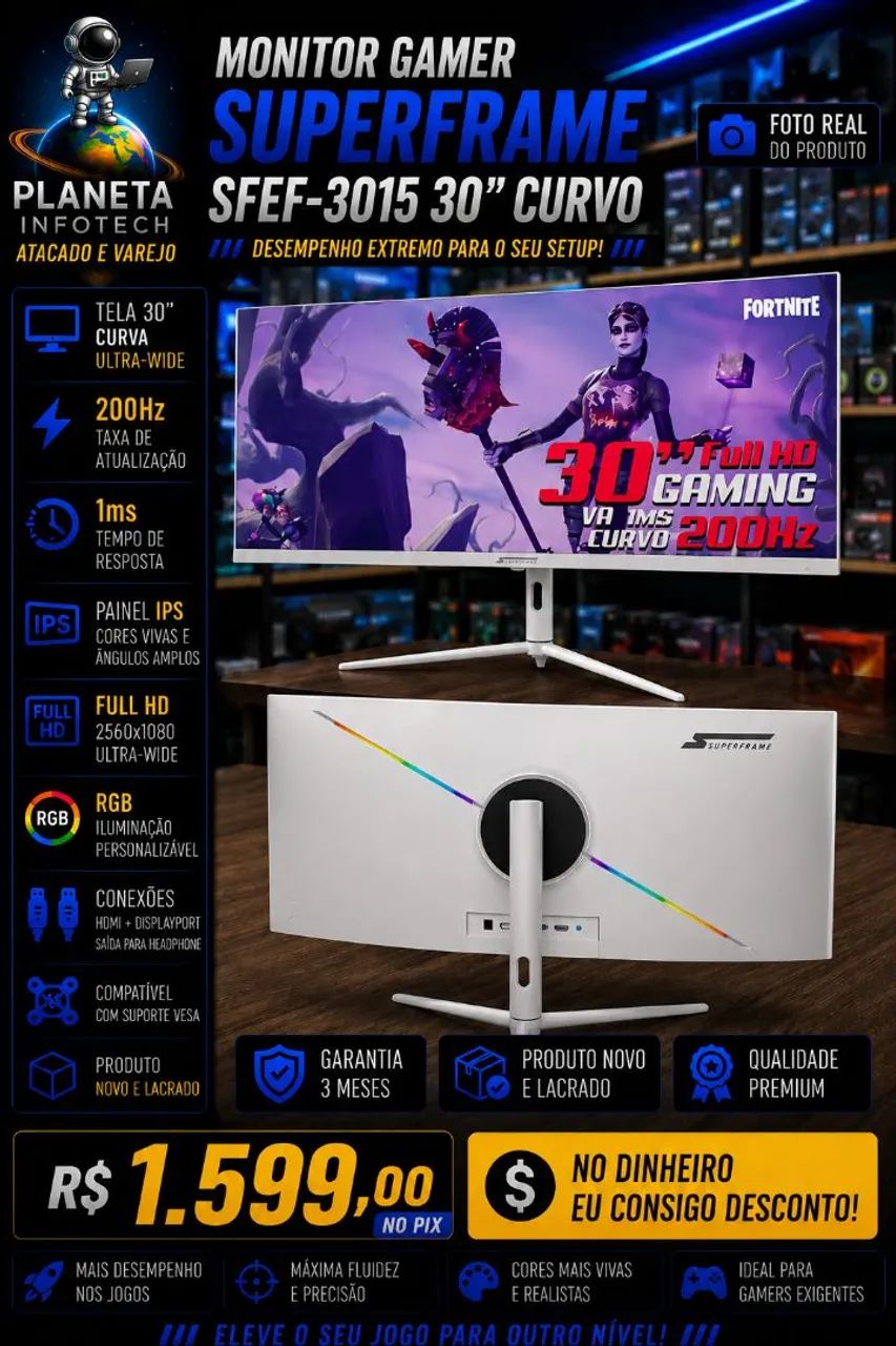 Monitor Gamer 30 polegadas Curvo 200Hz Ultrawide tela IPS com RGB ( Produto novo )