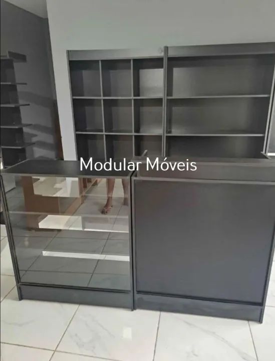 Balcão Caixa, Balcão Vitrine, Colmeia e Prateleira - MDF Preto