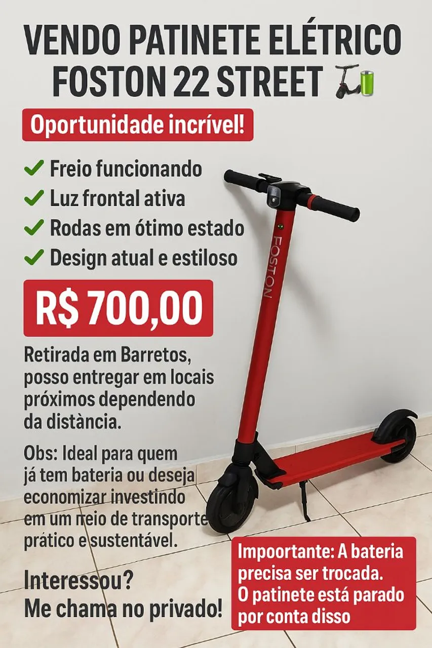 Patinete Elétrico Foston 22 Street - Oportunidade!
