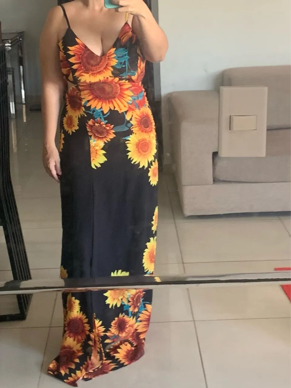 Vestido longo com estampa de girassol
