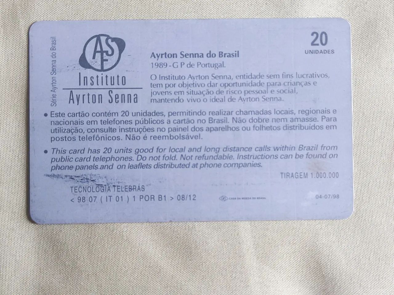 Cartão telefônico Ayrton Senna RARIDADE  - Foto 2