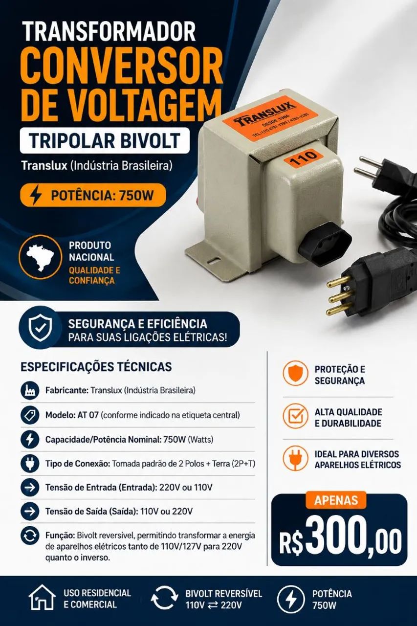 Transformador Conversor de Voltagem Tripolar Bivolt (2P + T) 750W - Translux