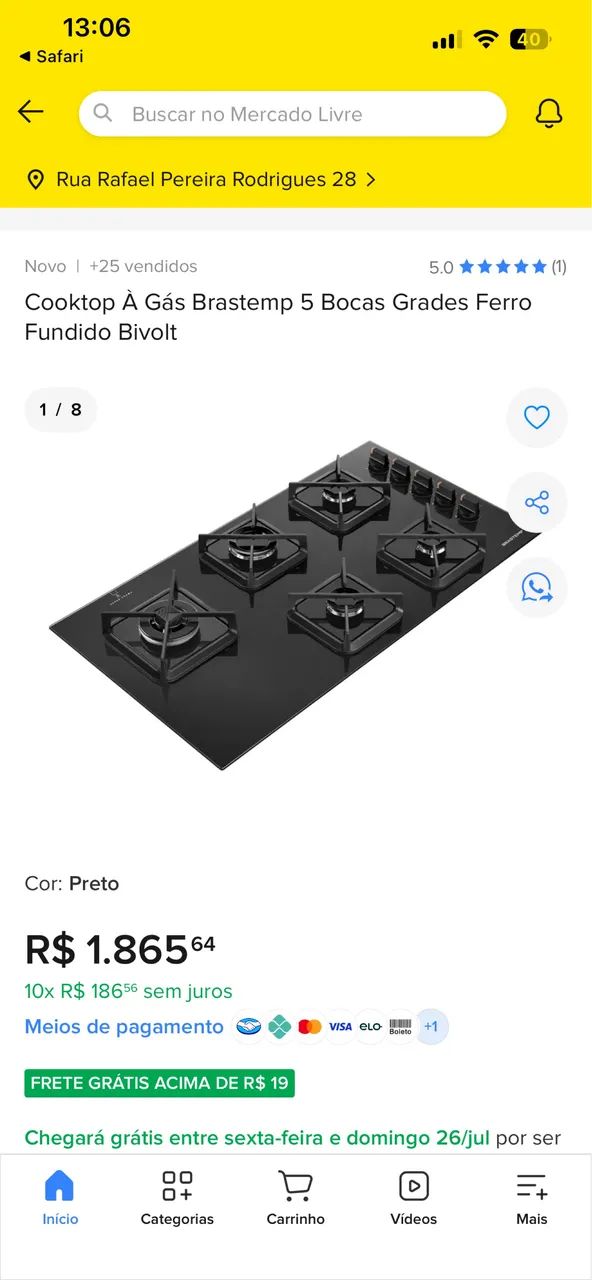 Fogão cooktop 5 bocas