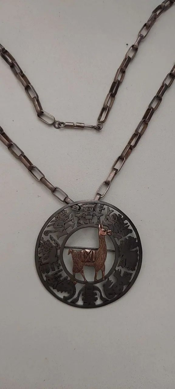 Jóia Peruana Vintage - prata 925 - colar + medalhão/broche  - Foto 5