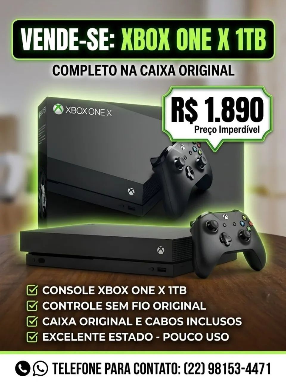 Xbox One x 1TB 4K com caixa e controle original 