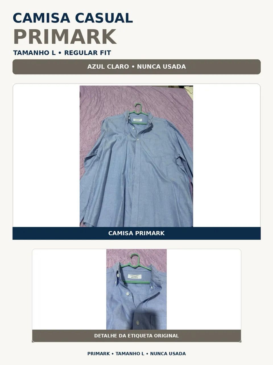 Camisa social azul Primark Original nova tamanho 44/46