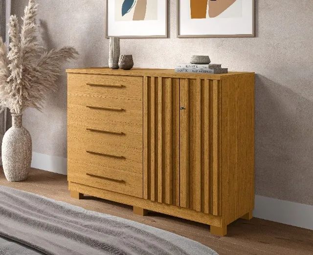 Comoda Bella 5 Gavetas e 2 Portas com Chave, 100% MDF - Praia Moveis 