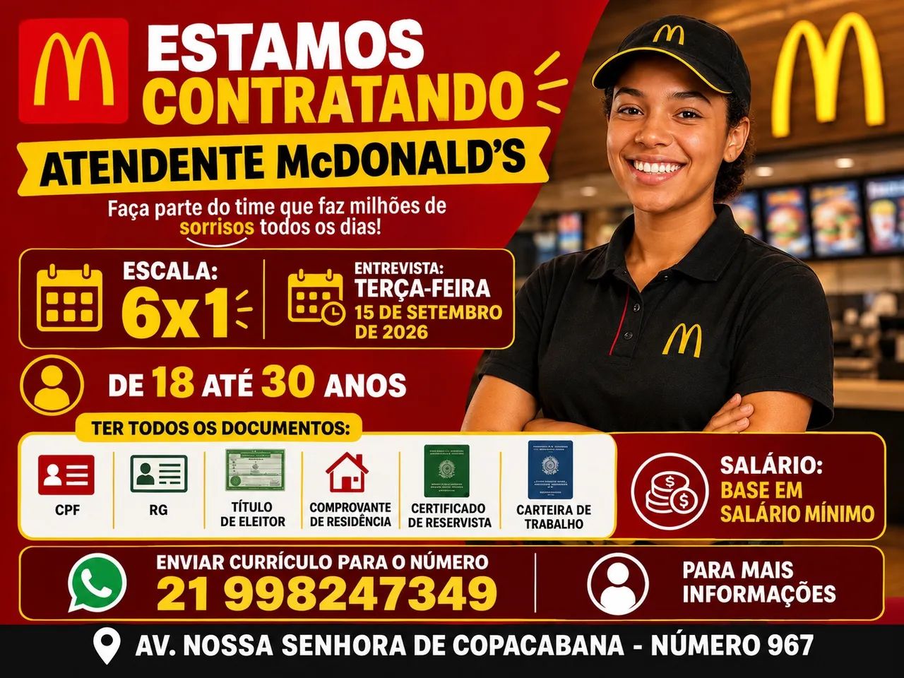 VAGAS PARA ATENDENTES DE LANCHONETE. 
