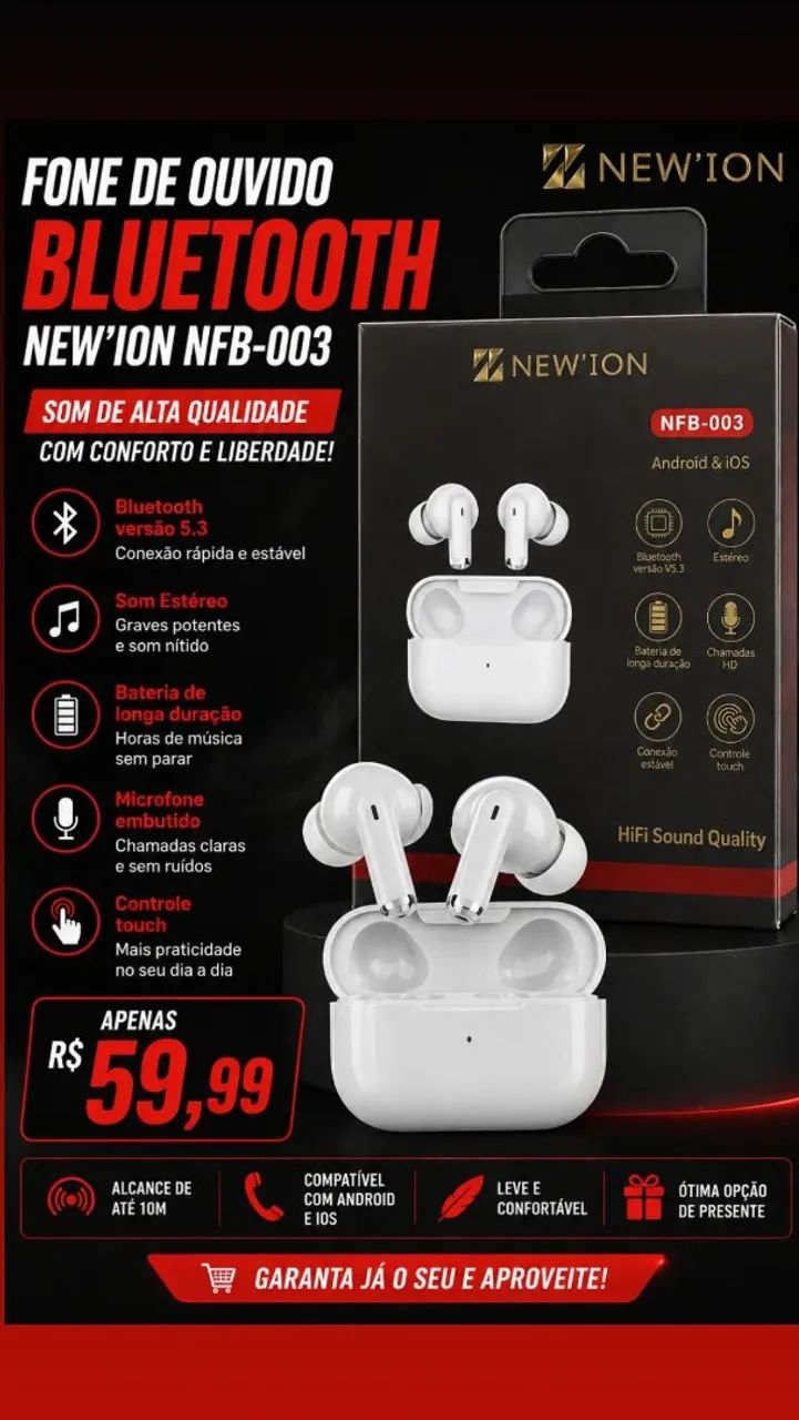 Fone de ouvido Bluetooth New ion 