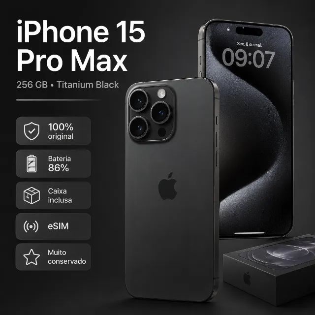 iPhone 15 Pro Max 256GB Titanium Black, Original, Caixa, Muito