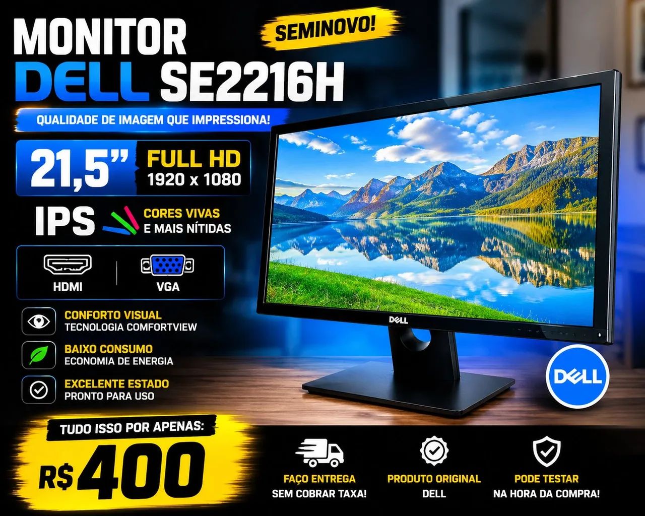 MONITOR DELL SE2216H 21,5" FULL HD IPS HDMI + VGA SEMINOVO!