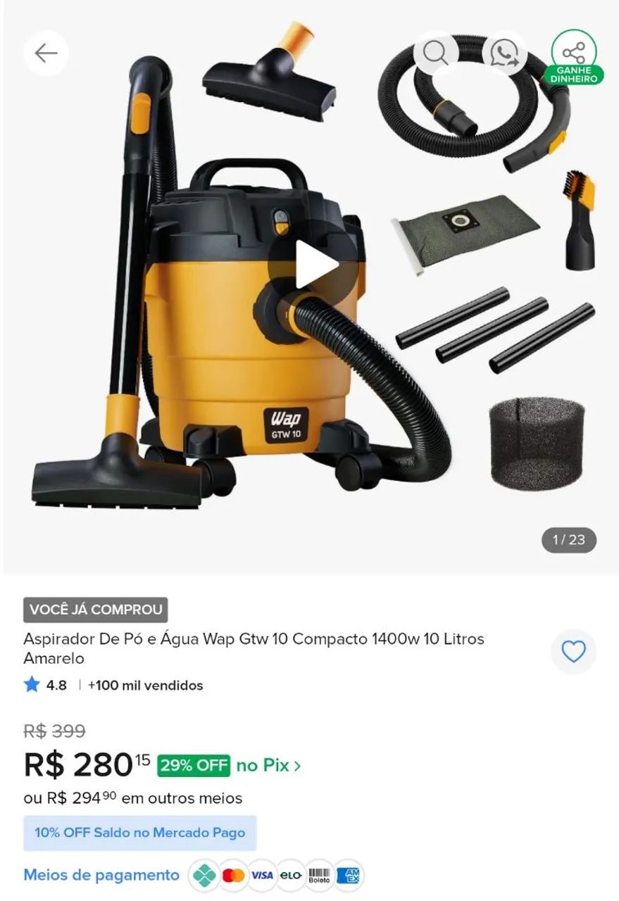 Aspirador De Pó e Água Wap GTW 10L Novo - Foto 2
