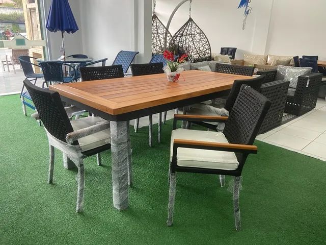 Conjunto mesa Itália tampo madeira perobas / cadeiras corda nautica - Foto 2