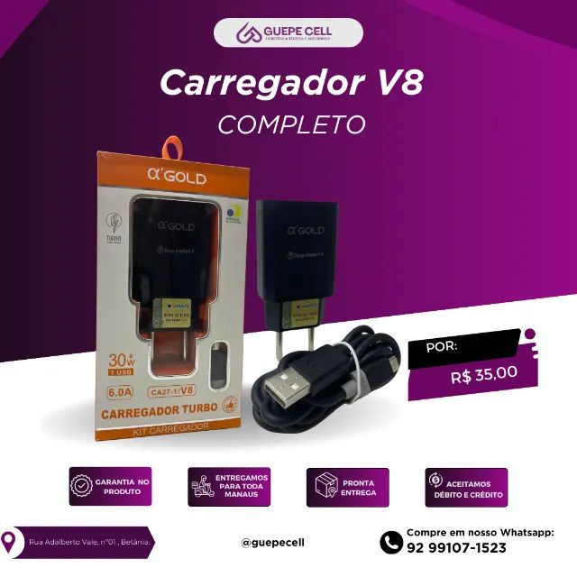 CARREGADOR USB COM CABO v8 A GOLD CA27-1 ( 30w USB) TURBO 6.0 A