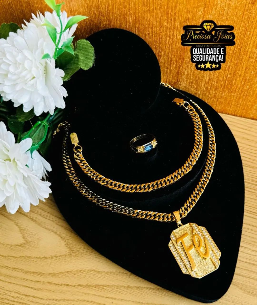 Conjunto de Corrente e Pingente Masculino Banhado a Ouro 18k - Foto 2