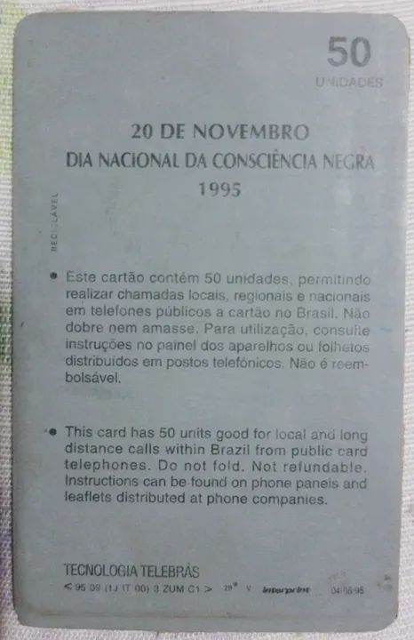 1 Cartão Telefônico Telebrás Série Zumbi 300 Anos Antigo - Foto 4