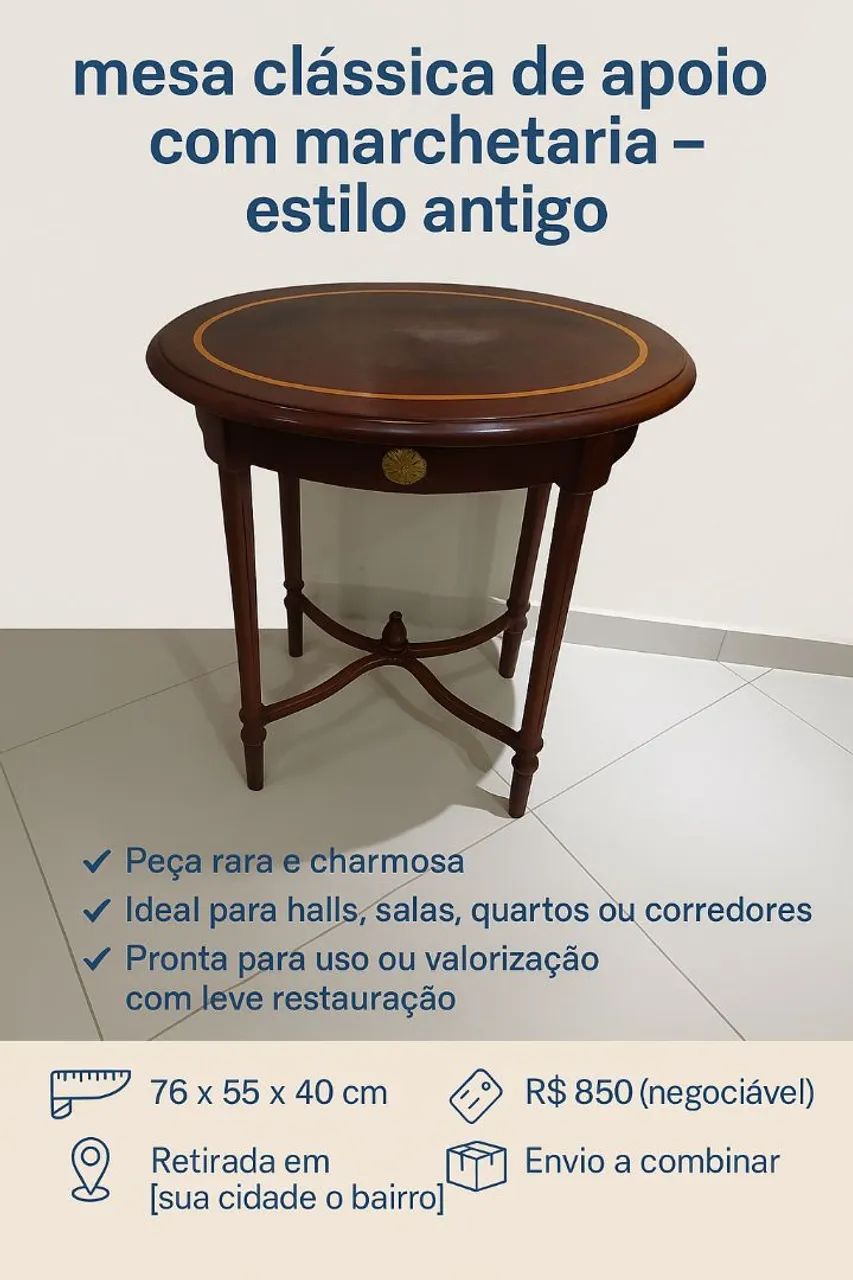 Mesa Clássica de Apoio com Marchetaria - Estilo Antigo