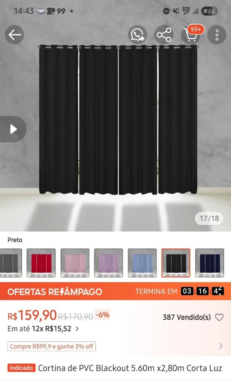 Cortina Blackout PVC 5.60m x 2,80m Corta Luz