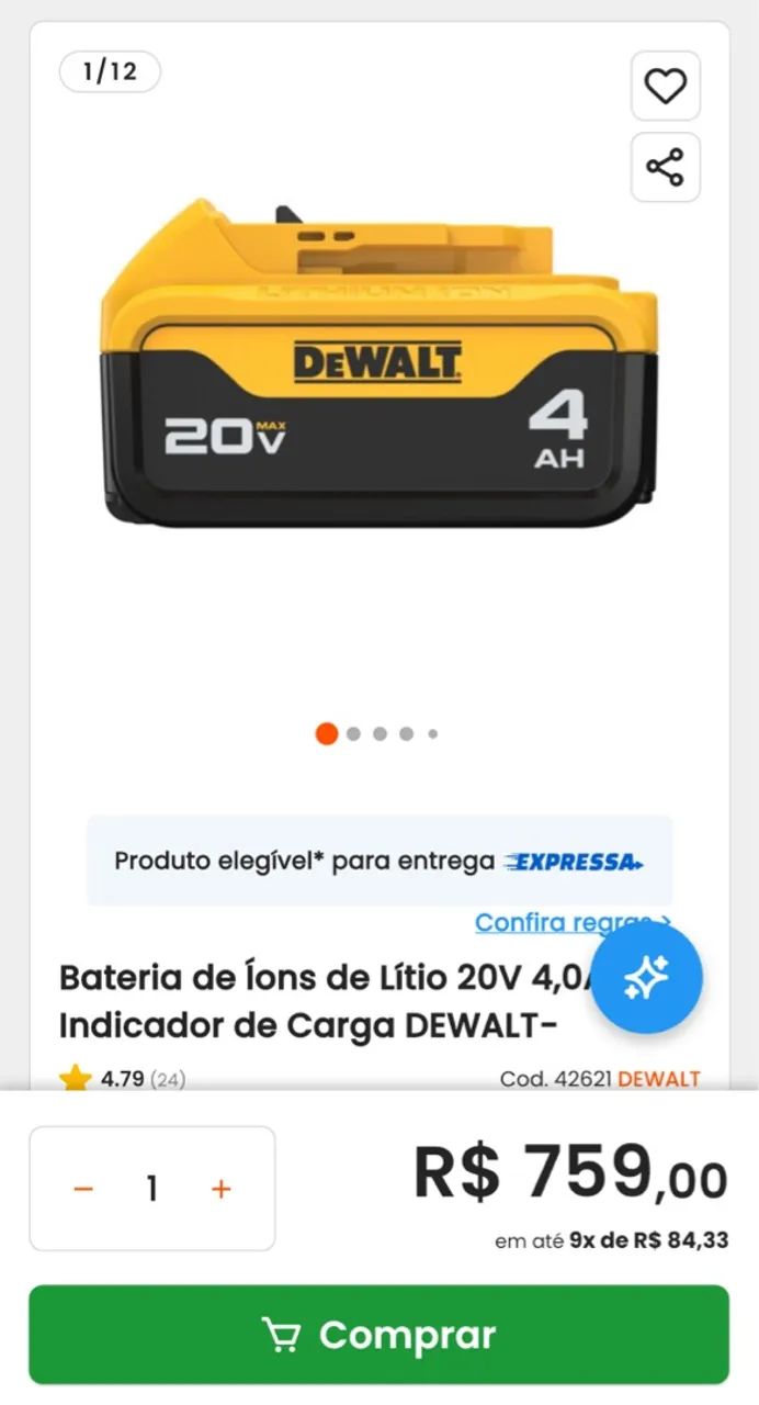 Bateria Dewalt 20V Max XR - 4.0Ah - Foto 3