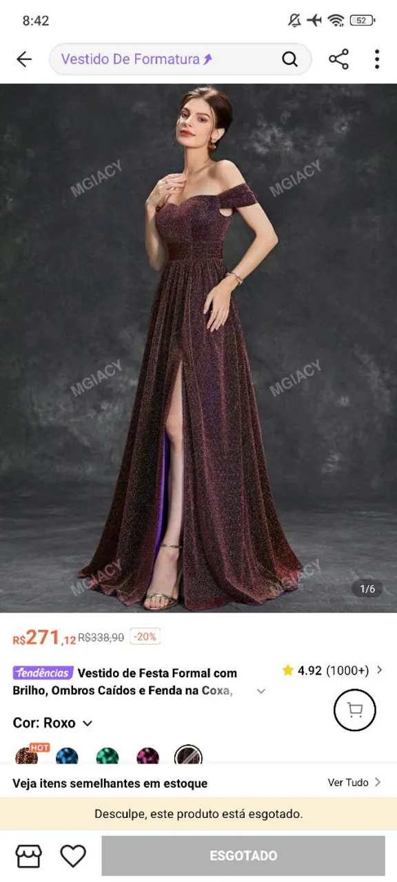 Vestido de Festa Longo Roxo com Brilho, tamanho P- Usado Apenas 1x