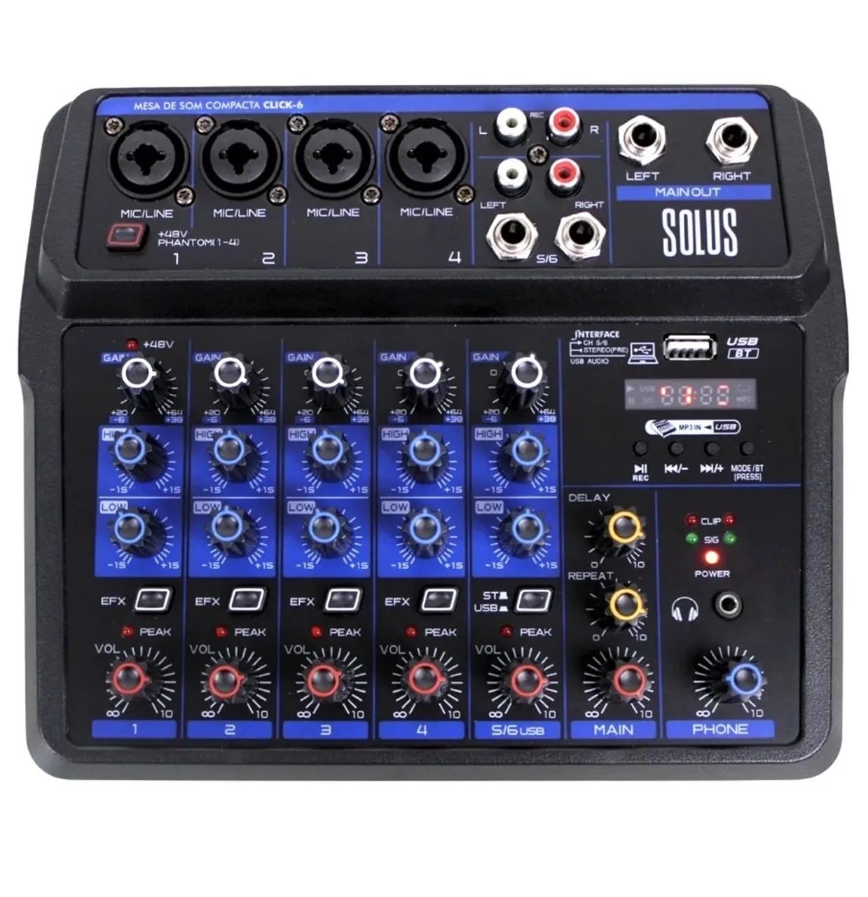 Mesa de som 6 canais solus Click 6 USB Bluetooth +48v